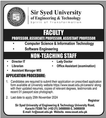 Sir Syed University Of Engineering & Technology Karachi Jobs 2024 Advertisement