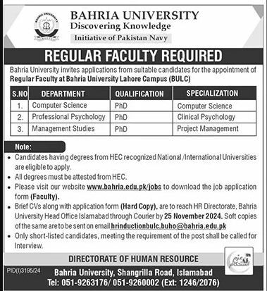 Bahria University Islamabad Jobs 2024 For Male & Female