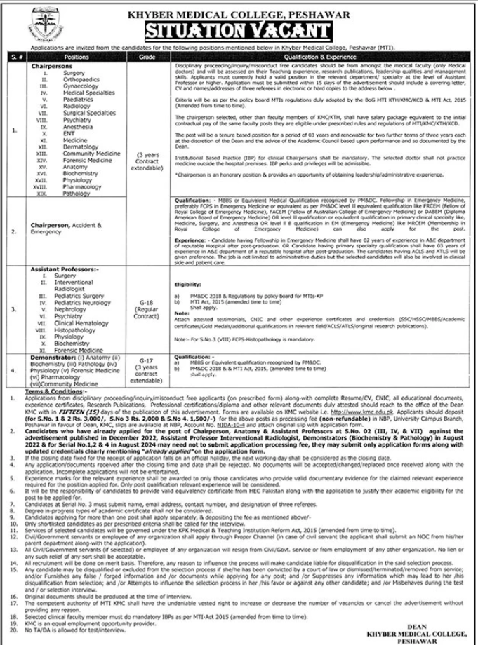 Khyber Medical College (KMC) MTI Peshawar Jobs 2024 Advertisement