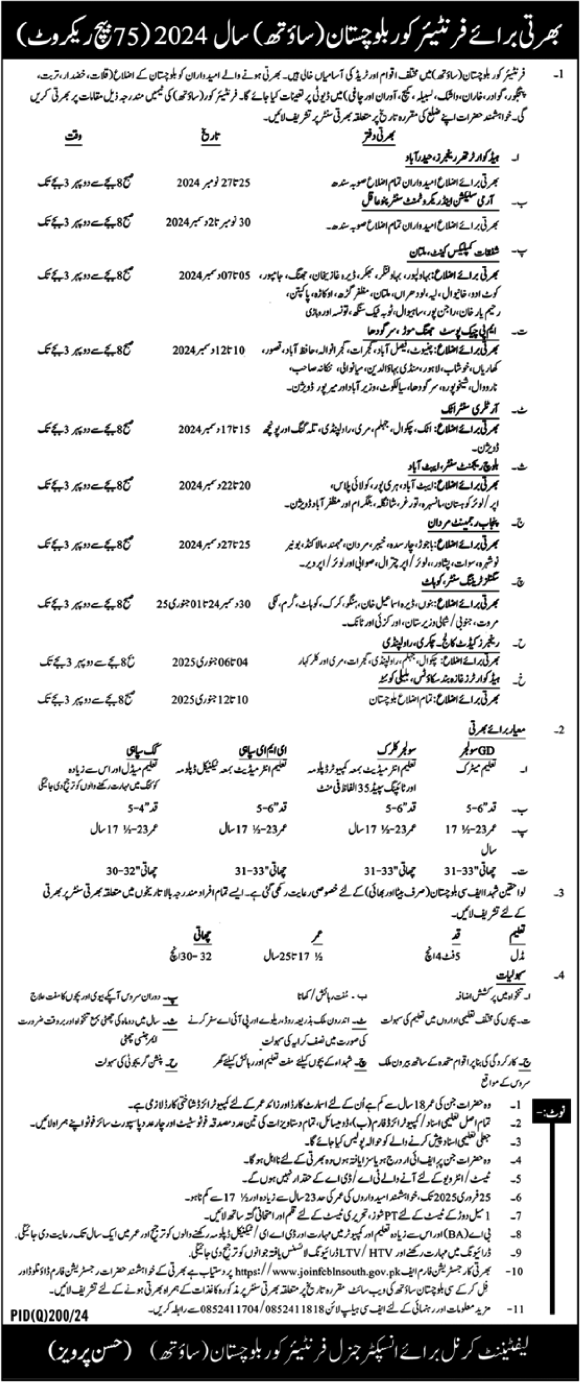 Frontier Corps (FC) Jobs 2024-2025 For Solider -  Online Application Form 