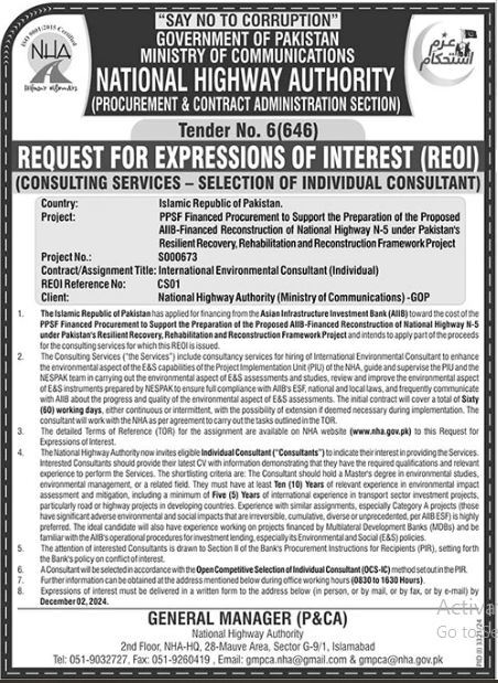 National Highway Authority NHA (International Environmental) Jobs 2024