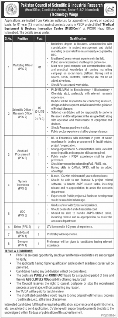 Pakistan Council Scientific Islamabad PCSIR Jobs 2024 Advertisement