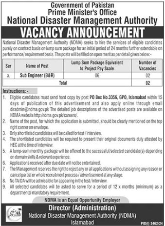 National Disaster Management Authority (NDMA) Jobs 2024 Apply Online