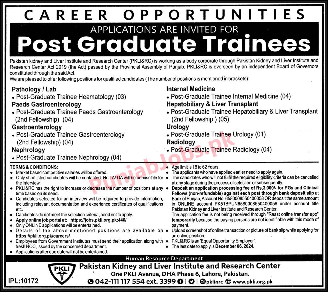 Pakistan Kidney & Liver Institute (PKLI) Jobs 2024 - Post Graduate Trainees