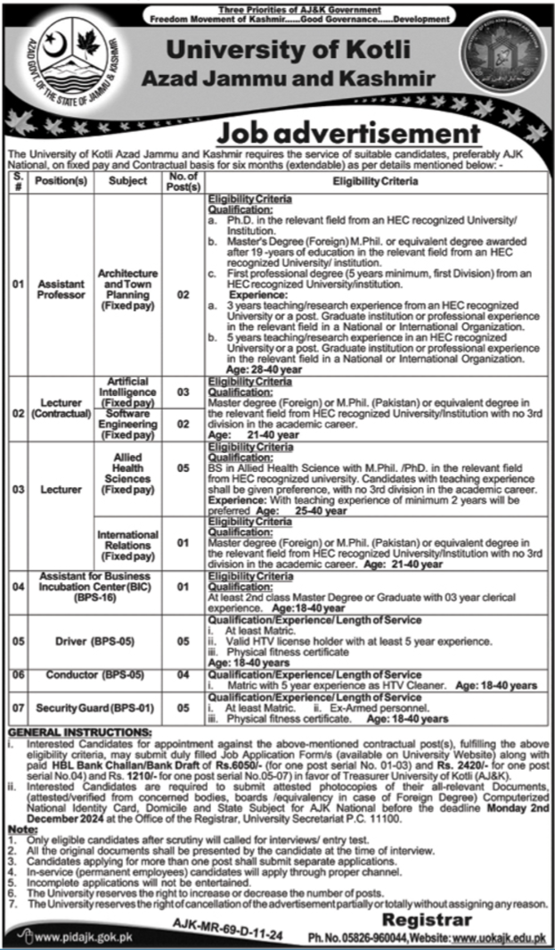 University Of Kotli Jobs 2024 For Male & Female Staff Required