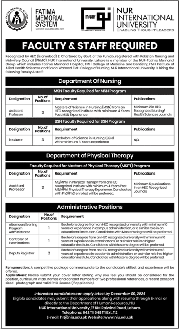 NUR International University Jobs 2024 For Faculty & Staff Required