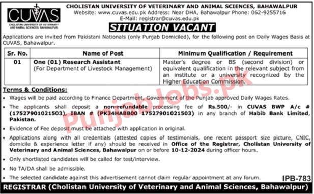 Cholistan University Of Veterinary And Animal (CUVAS) Jobs 2024 For Research Posts