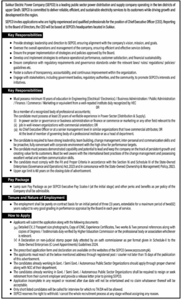 Latest Sukkur Electric Power Company (SEPCO) Jobs 2024-25