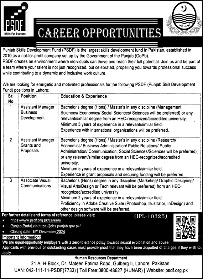 Latest Punjab Skill Development Fund PSDF Jobs 2024 For Management Staff