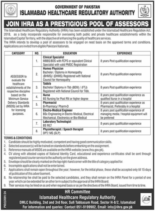 Latest Islamabad Healthcare Regulatory Authority (IHRA) Jobs 2024-2025