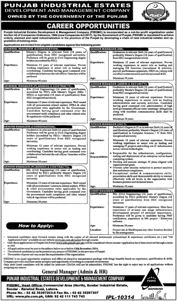 Punjab Industrial Estates Development (PIEDMC) Jobs 2024-25 - Management Posts