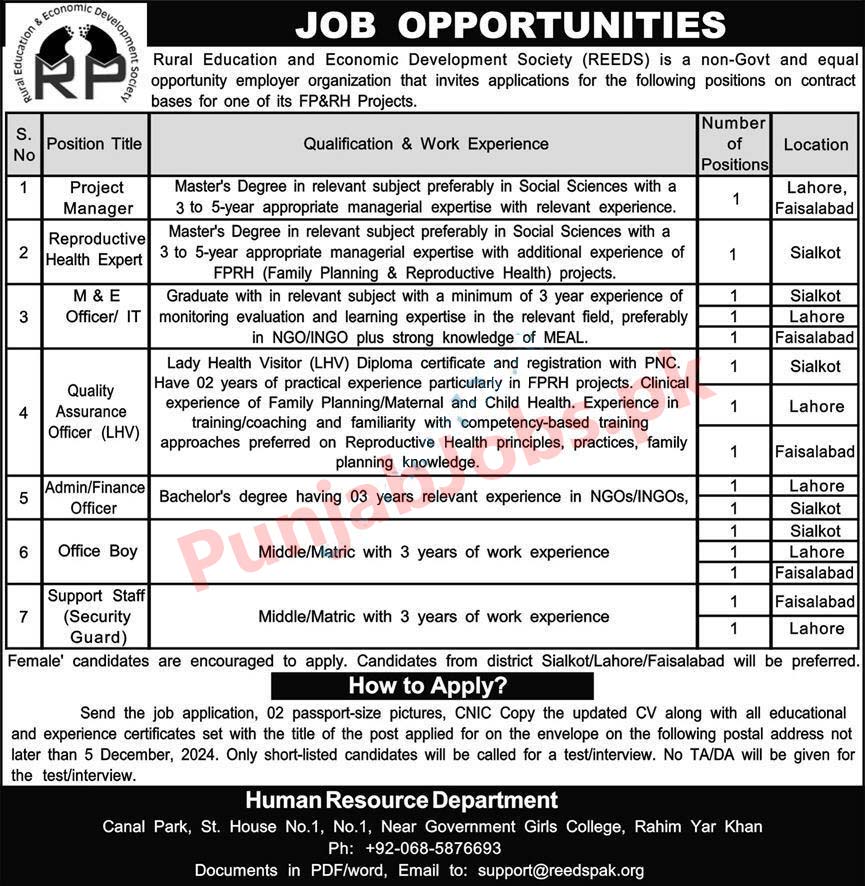 Punjab Rural Education & Economic Development (REEDS) Jobs 2024 