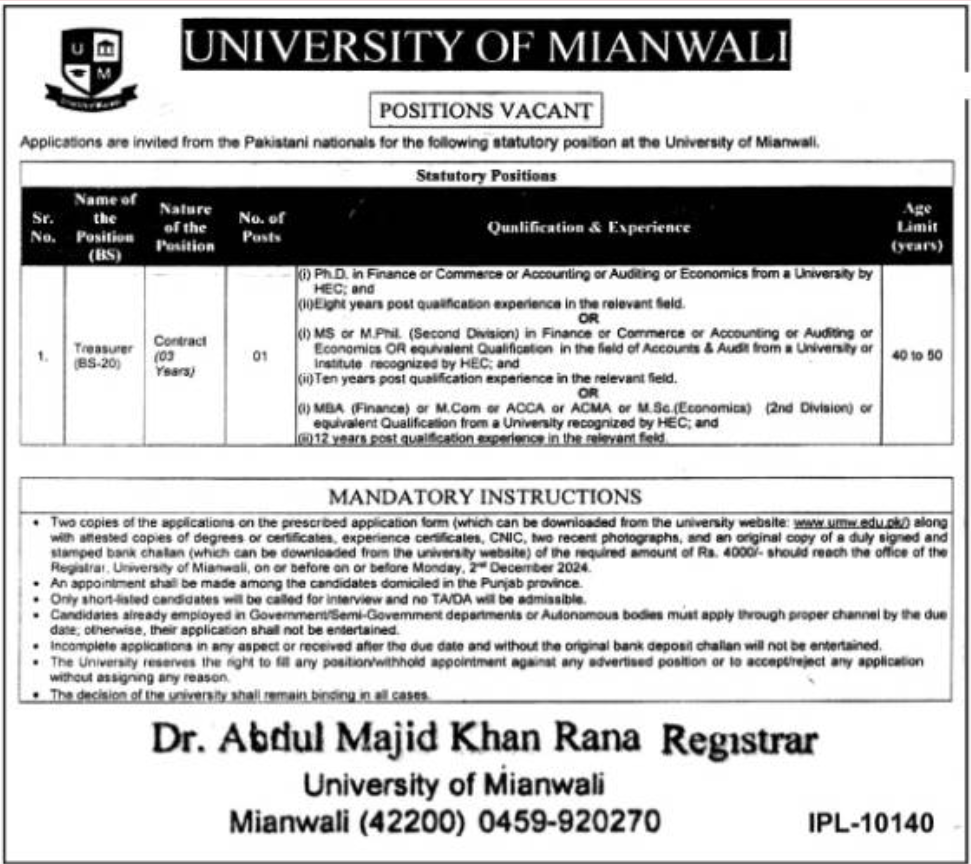 University Of Mianwali Jobs 2024 Online Application Form 