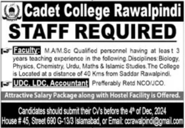 Cadet College Rawalpindi CCR Jobs 2024 For Teaching & Non Teaching Jobs 2024