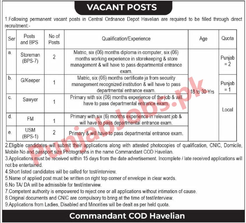 Latest Central Ordnance Depot COD Havelian Jobs 2024 Advertisement