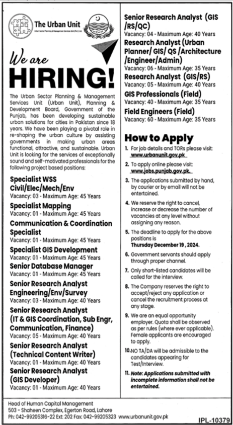 The Urban Unit Jobs 2024-2025 Apply Online Through jobs.punjab.gov.pk