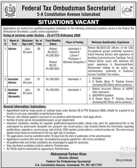 Federal Tax Ombudsman Secretariat Jobs 2024-25 For Management Staff