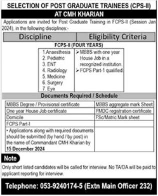 Combined Military Hospital (CMH) Kharian Jobs 2024-25 For FCPS II Training