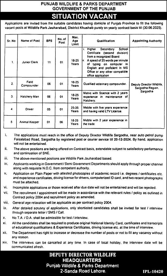 Punjab Wildlife & Parks Department Jobs 2024-25 Apply Now!