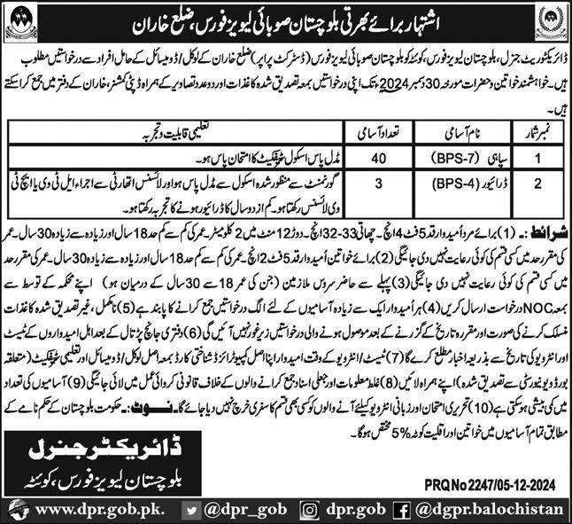 Balochistan Levies Force Jobs 2024-25 For Solider Positions 