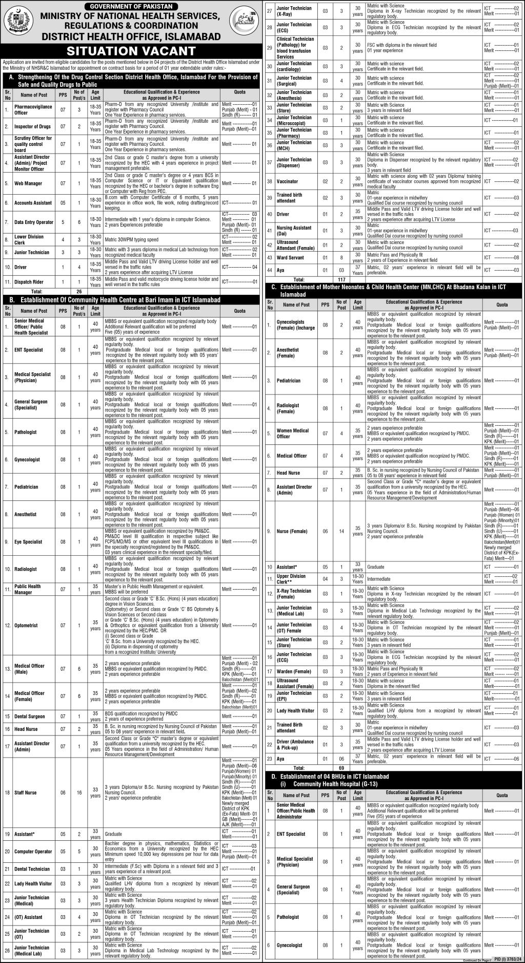 Ministry of National Health Services Regulations & Coordination NHSRC Jobs 2024-25