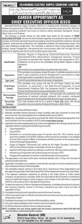 Islamabad Electric Supply Company IESCO Jobs 2024-25 Advertisement